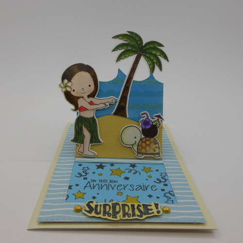 Carte anniversaire à tirette tahitienne à la plage fait main