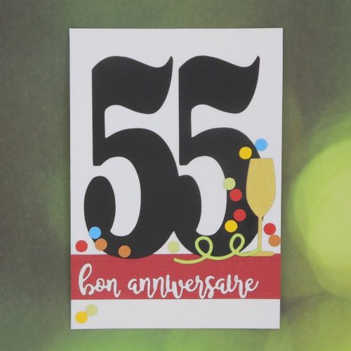 Carte anniversaire 55 ans coupe de champagne or et confettis fait main