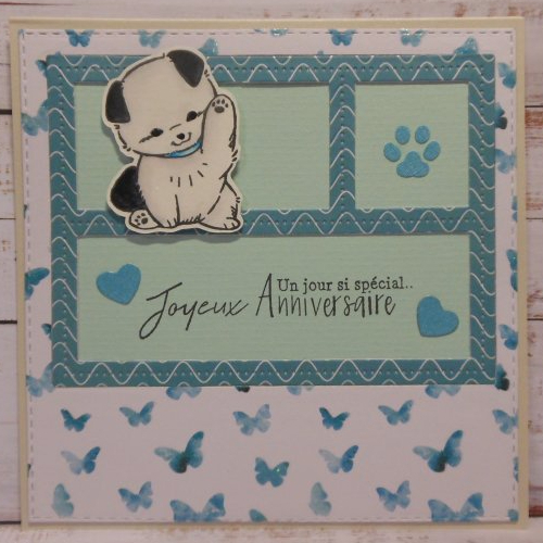 Déstockage carte anniversaire chien noir et blanc et paillons bleus fait main