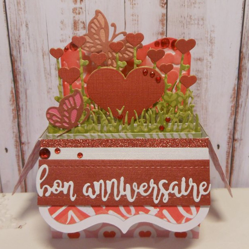 Carte anniversaire boîte 3d rouge pois coeur rose fait main