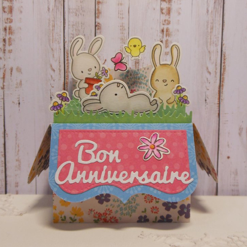 Carte anniversaire pop up boîte 3d petits lapins rose fait main