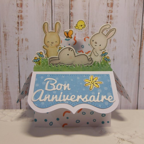 Carte anniversaire pop up boîte 3d petits lapins bleu 2 fait main