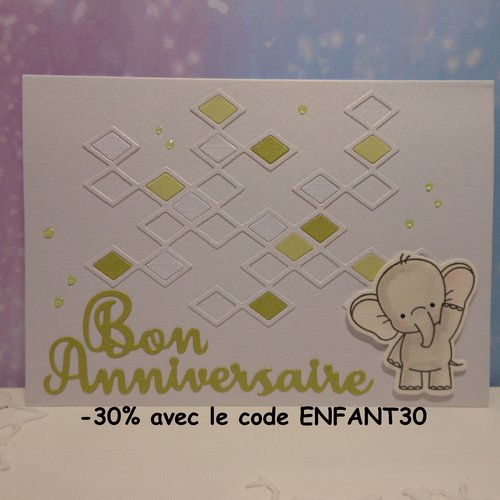 Carte anniversaire enfant garçon fille éléphant blanc vert fait main