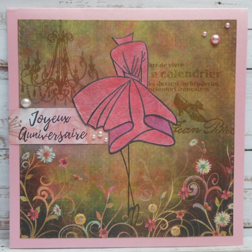 Carte anniversaire 15 x 15 robe couture rose vintage fait main