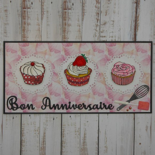 Carte anniversaire 21,5 x 10,5 cupcakes fraise gâteau pâtisserie gourmandise dl fait main