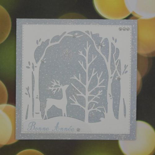 Carte de voeux 15 x 15 joyeux noël ou bonne année renne dans la forêt gris bleu fait main