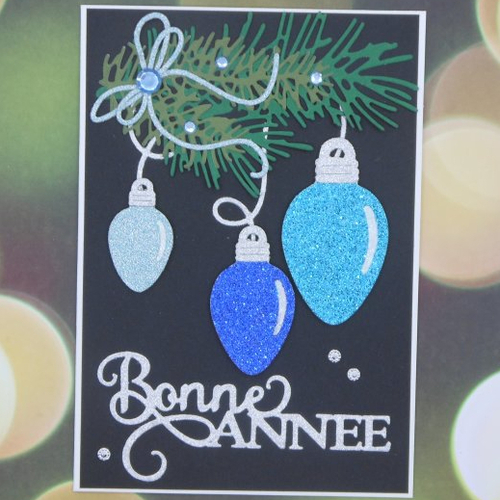 Carte de voeux bonne année décoration lampes boules bleu fait main