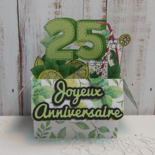 Carte anniversaire 25 ans pop up boîte 3d thème mojito modèle 2 fait main