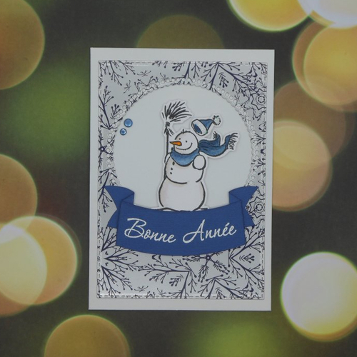 Carte de voeux bonne année bonhomme de neige bleu marine fait main