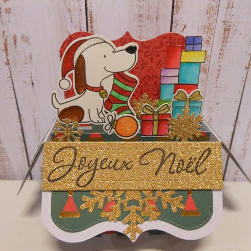 Carte de voeux pop up boîte 3d chien chaussette et cadeaux joyeux noël vert rouge fait main