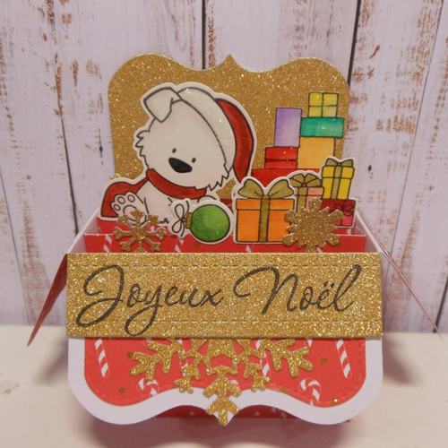 Carte de voeux pop up boîte 3d chien blanc et cadeaux joyeux noël rouge et or fait main