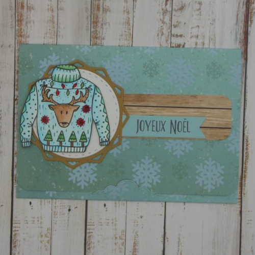Pochette de noël pour carte cadeau chèque ou billet ours pull bleu turquoise fait main format carte postale