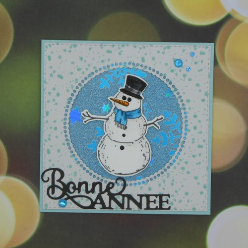 Carte de voeux bonne année bonhomme de neige bleu fait main