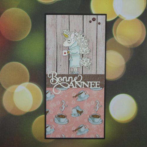 Carte de voeux 21 x 10,5 licorne au réveil bonne année rose fait main