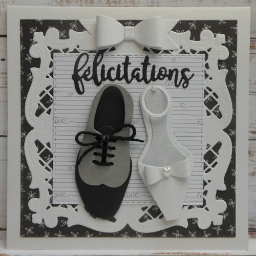 Carte félicitations mariage paire de chaussures blanc noir gris fait main