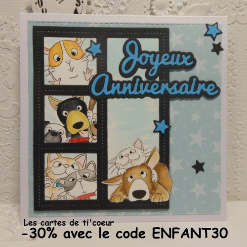 Carte anniversaire selfies chien chat bleu enfant garçon fille fait main