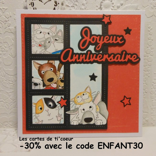 Carte anniversaire selfies chien chat rouge enfant garçon fille fait main