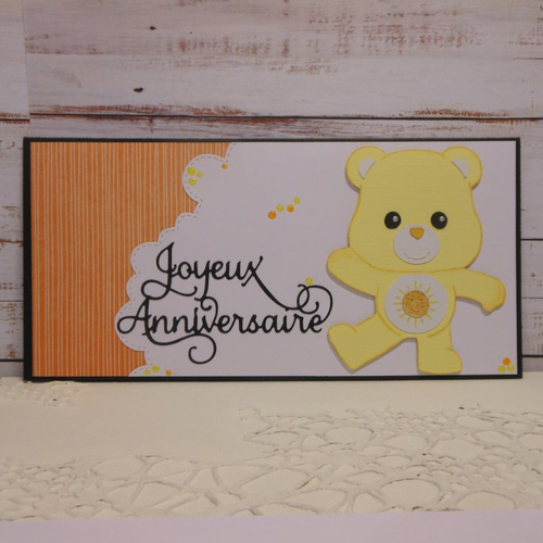 Carte anniversaire 21,5 x 10,5 ourson jaune enfant garçon fille fait main