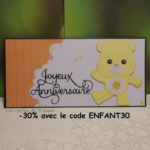 Carte anniversaire 21,5 x 10,5 ourson jaune enfant garçon fille fait main