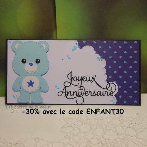 Carte anniversaire 21,5 x 10,5 ourson bleu enfant garçon fille fait main