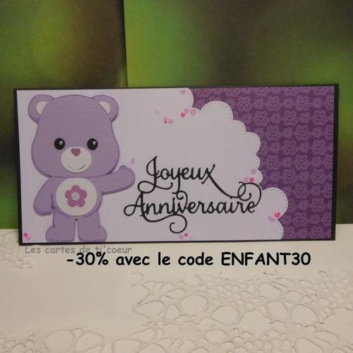 Carte anniversaire 21,5 x 10,5 ourson mauve violet enfant fille fait main