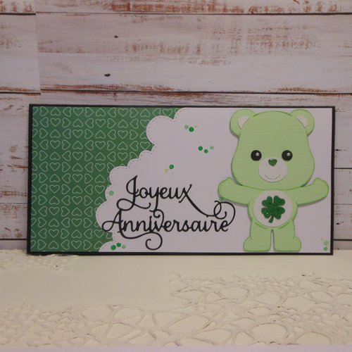 Carte anniversaire 21,5 x 10,5 ourson vert enfant garçon fille fait main