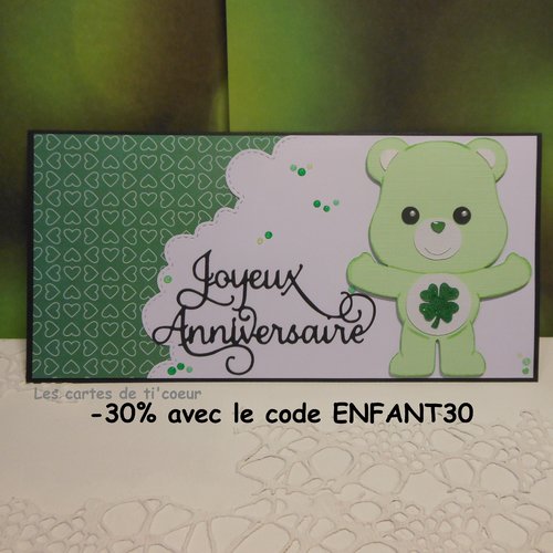 Carte anniversaire 21,5 x 10,5 ourson vert enfant garçon fille fait main