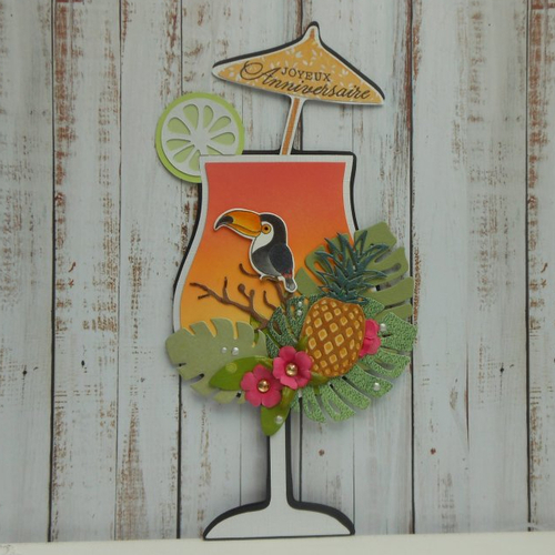 Carte anniversaire en forme de cocktail boisson tropical oiseau toucan fait main