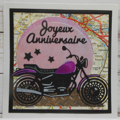 Carte anniversaire 15 x 15 moto roadster violet fait main