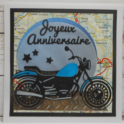 Carte anniversaire 15 x 15 moto roadster bleu 2 homme ou femme fait main