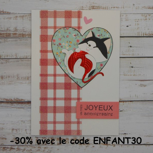 Carte anniversaire chat noir et blanc et pelote de laine rouge or ou bleu fait main