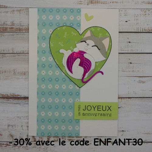 Carte anniversaire chat gris et blanc et pelote de laine fuchsia rouge ou or fait main