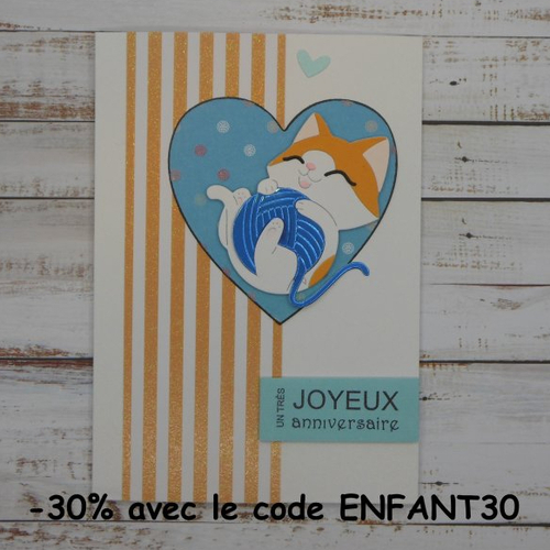 Carte anniversaire chat roux orange et blanc et pelote de laine bleu or ou fuchsia fait main