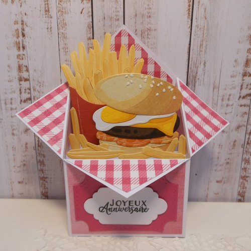 Carte anniversaire pop-up boîte 3d menu hamburger oeuf frites rose ado fastfood burger fait main