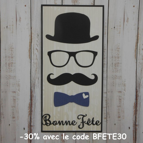 Carte bonne fête 21,5 x 10,5 moustache lunettes noeud bleu fête des pères papa grand-père papy papi fait main