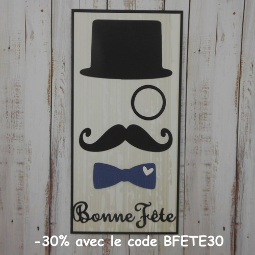 Carte bonne fête 21,5 x 10,5  moustache monocle noeud bleu fête des pères papa grand-père papy papi fait main