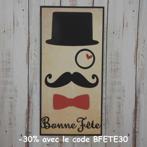 Carte bonne fête 21,5 x 10,5  moustache monocle noeud rouge fête des pères papa grand-père papy papi fait main