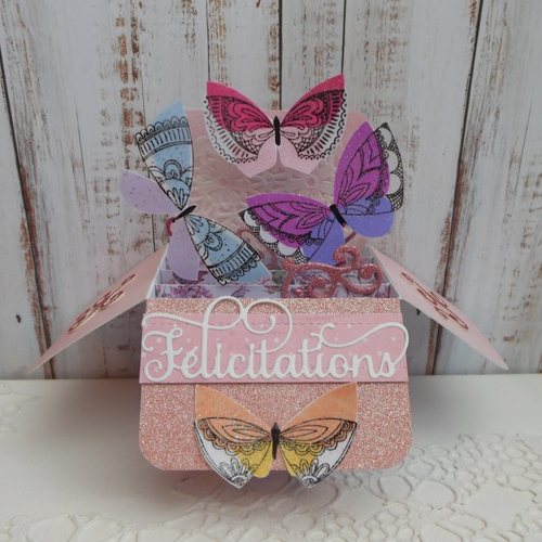 Carte félicitations pop up boîte 3d envolée de papillons rose mariage diplôme toute occasion fait main
