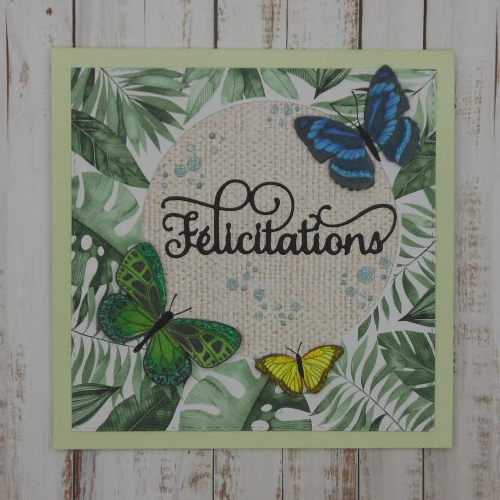 Carte félicitations 15 x 15 papillons fond vert clair mariage diplôme toute occasion fait main