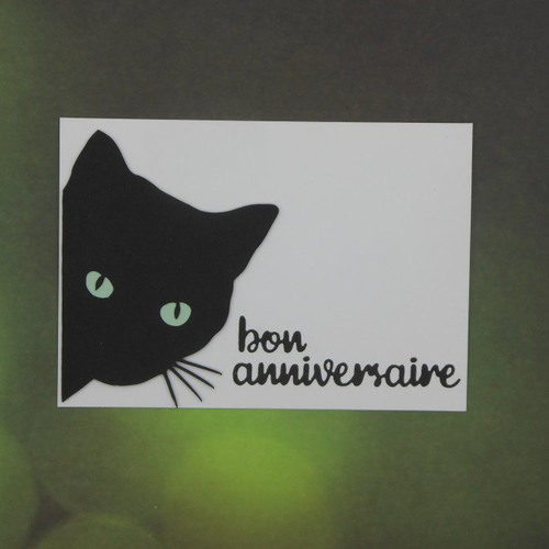 Carte anniversaire chat curieux noir fond blanc fait main