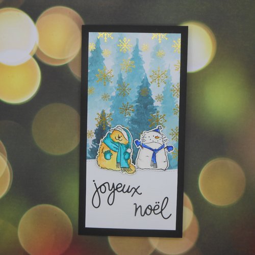 Carte de voeux 21 x 10,5 chat et bonhomme de neige joyeux noël vert et bleu fait main