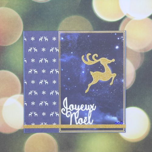 Déstockage carte de voeux 15x15 joyeux renne de noël bleu nuit et or fait main