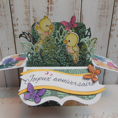 Carte anniversaire pop up boîte 3d oiseaux exotiques et papillons jaune rose 2 fait main