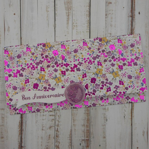 Pochette cadeau anniversaire billet, chèque, place de spectacle fleurettes foil violet fait main