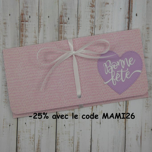 Pochette cadeau billet, chèque, place de spectacle bonne fête rose et mauve mère maman grand-mère fait m