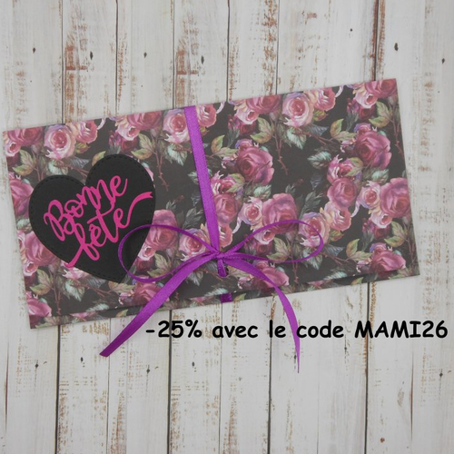 Pochette cadeau billet, chèque, place de spectacle bonne fête masculine homme mère maman grand-mère noir rose fuchsia fait main