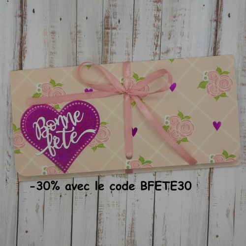 Pochette cadeau billet, chèque, place de spectacle bonne fête roses et foil fuchsia maman mère grand-mère mamie fait main