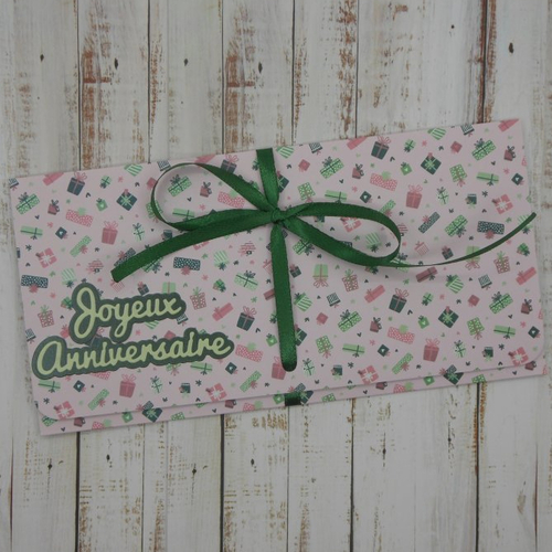 Pochette cadeau billet, chèque, place de spectacle cadeaux d'anniversaire rose et vert fait main