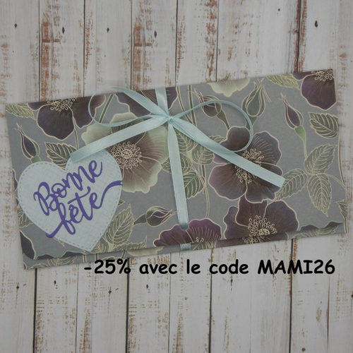 Pochette cadeau billet, chèque, place de spectacle bonne fête mères mamie grand-mère fleurs bleu fait main