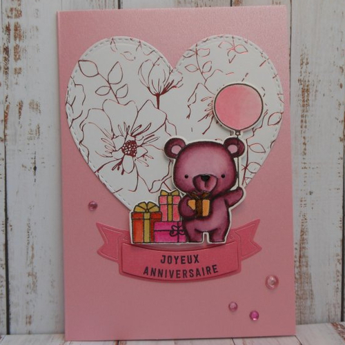 Carte anniversaire ourson prune sur fond rose coeur blanc décoré foil enfant fille fait main